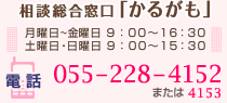 相談総合窓口｢かるがも｣ 月曜日～金曜日 9：00～16：30 土曜日・日曜日 9：00～15：30 電話 055-228-4152 または 055-228-4153